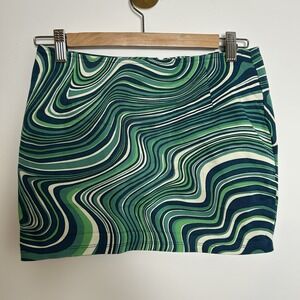 Motel Green Swirl 60s/70s Style Mini Skirt Size S Retro Disco Boho Hippie Cute‎